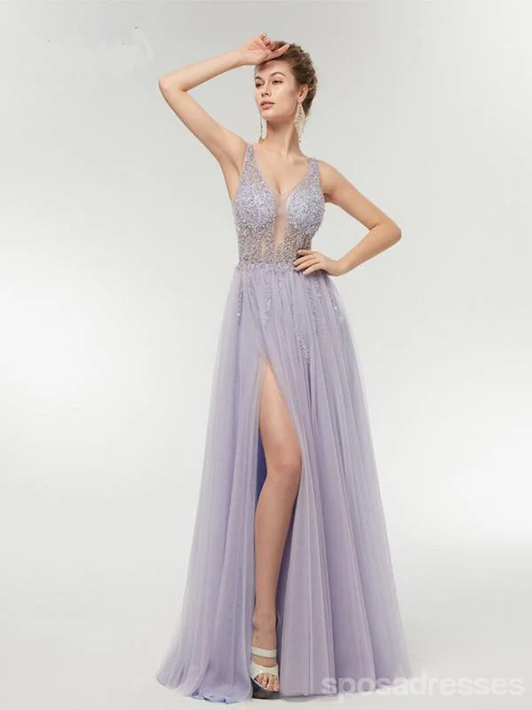 Navy evening dress-Purple A-line V-neck See Through High Slit Long Party Prom Dresses Online,12556