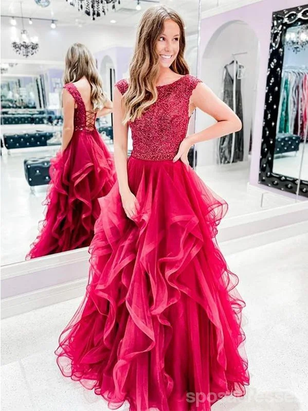 Evening dress with plunging neckline-Red A-line Jewel Backless Long Prom Dresses Online,Dance Dresses,12664