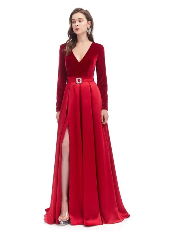 Evening dress for cocktail-Red A-line Long Sleeves High Slit V-neck Cheap Prom Dresses Online,12770