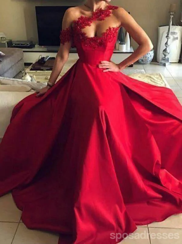 Formal evening dress-Red A-line One Shoulder Sleeveless Cheap Long Prom Dresses Online,12724