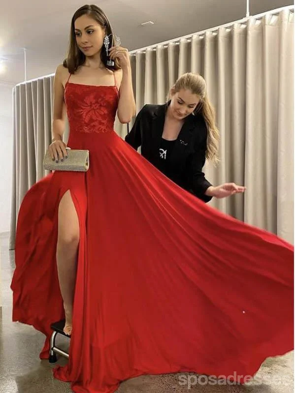 Classic evening dress-Red A-line Spaghetti Straps Backless High Slit Long Prom Dresses Online,12708