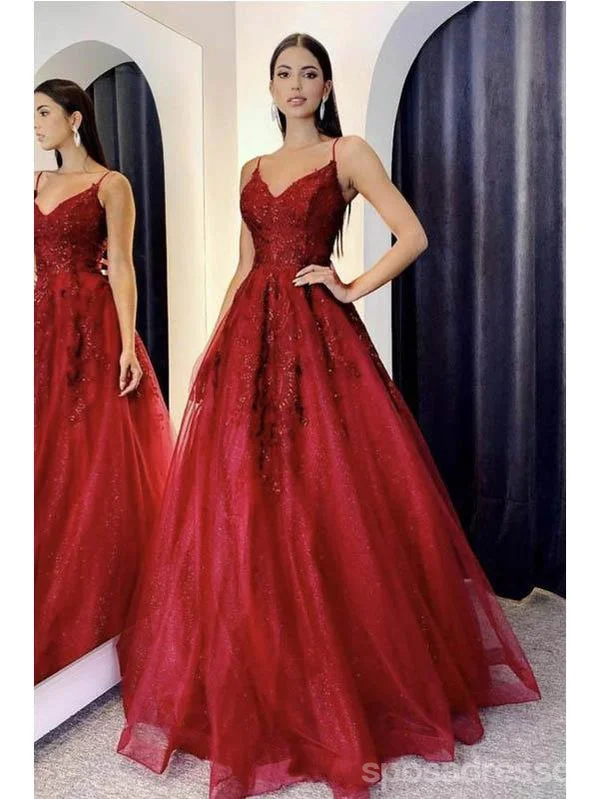 Navy evening dress-Red A-line Spaghetti Straps V-neck Cheap Long Prom Dresses Online,12719