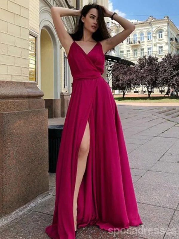 Evening dress with chiffon-Red A-Line Spaghetti Straps V-Neck High Slit Long Prom Dresses Online,12631