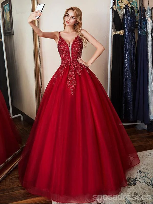 Evening dress with peplum-Red A-line Spaghetti Straps V-neck Long Prom Dresses Online, Dance Dresses,12571