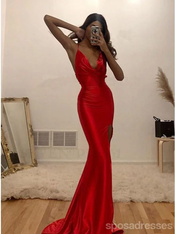 Evening dress with fishtail-Red Mermaid Spaghetti Straps V-Neck Backless Long Prom Dresses Online,12627