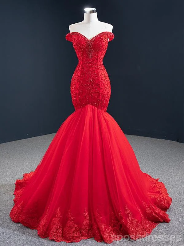 Evening dress with sleeves-Red Mermaid V-neck Off Shoulder Long Party Prom Dresses Online,12566