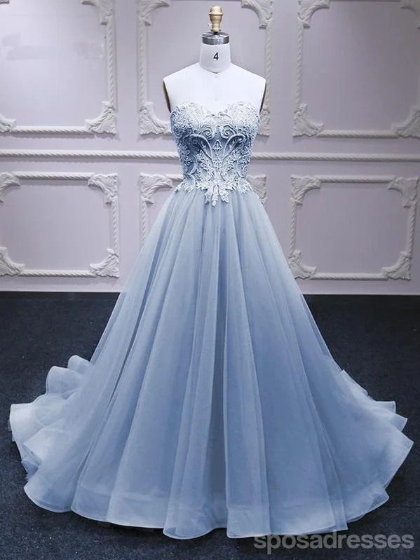 Evening dress with sheer panels-Blue Sweetheart A-line Long Party Prom Dresses Online,Dance Dresses, 12567