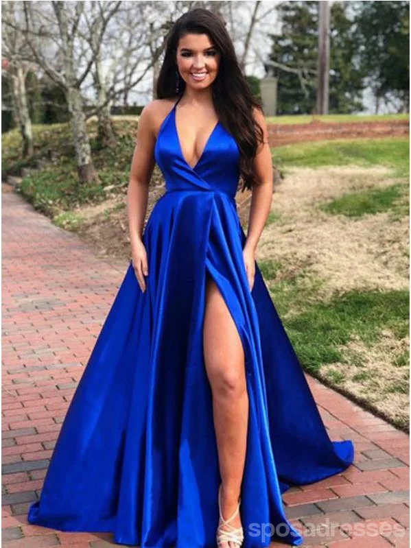 Evening dress with sweetheart neckline-Royal Blue A-line V-neck High Slit Cheap Long Prom Dresses Online,12601