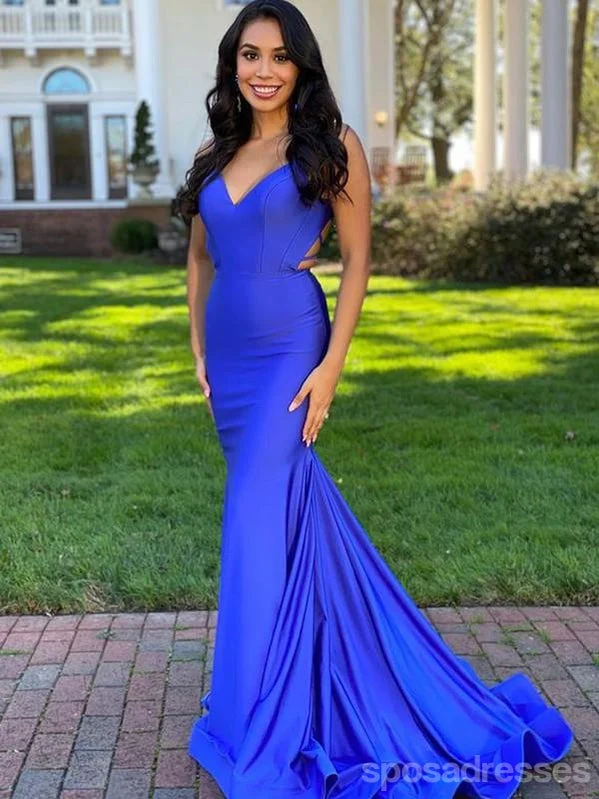 Evening dress with embellishments-Royal Blue Mermaid Spaghetti Straps V-Neck Backless Long Prom Dresses Online,12629