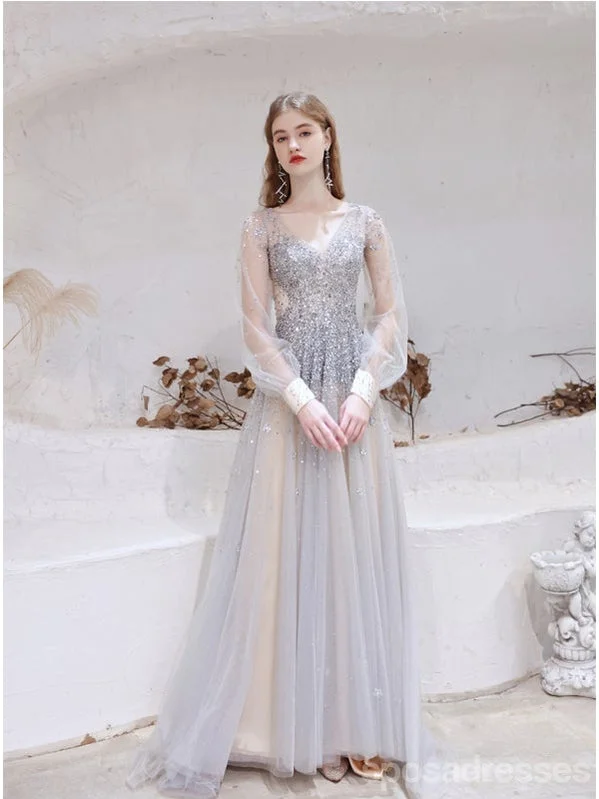 Evening dress with draped bodice-See Through A-line Long Sleeves V-neck Backless Prom Dresses Online,12760