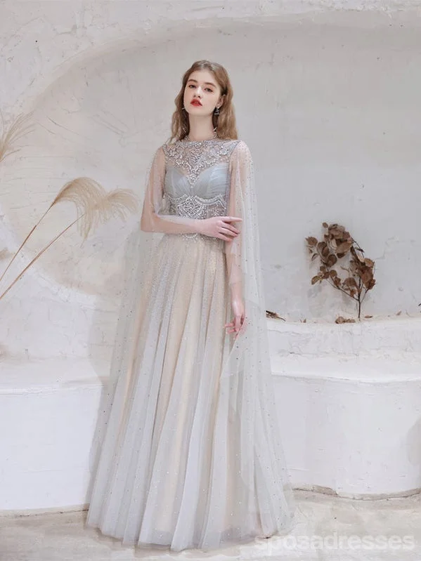 Evening dress with embroidered flowers-See Through A-line V-neck Long Prom Dresses Online, Evening Party Dresses,12759