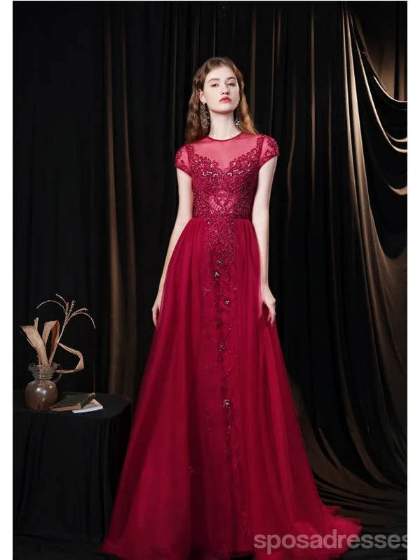 Evening dress with backless design-See Through Burgundy A-line Short Sleeves Long Prom Dresses Online,12766