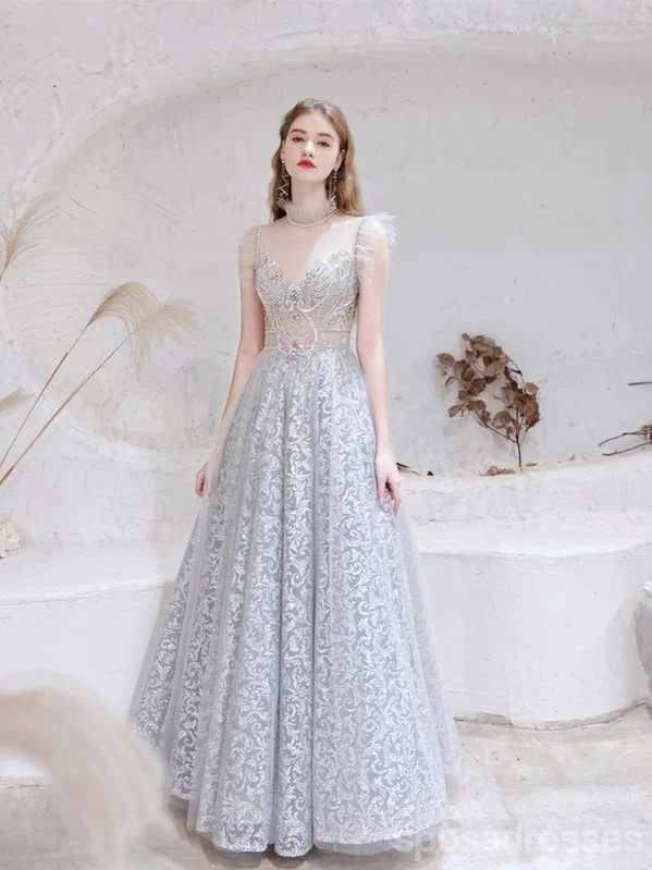 Evening dress with full skirt-See Through Grey A-line Illusion Spaghetti Straps Long Prom Dresses Online,12755