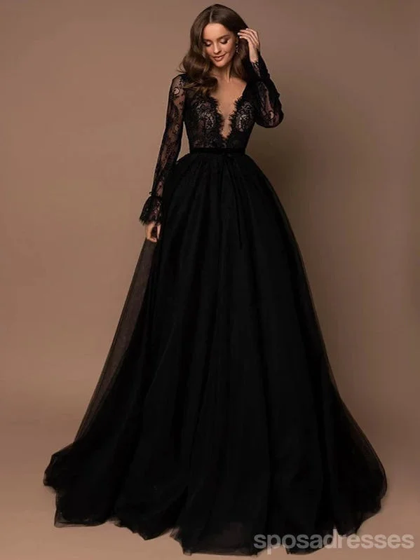 Evening dress with high neckline-Sexy Black A-line Long Sleeves V-neck Cheap Long Prom Dresses Online,12793