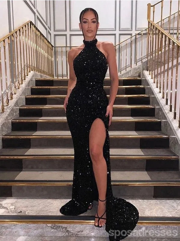 Evening dress with sequins-Sexy Black Mermaid Halter High Slit Cheap Long Prom Dresses,12825