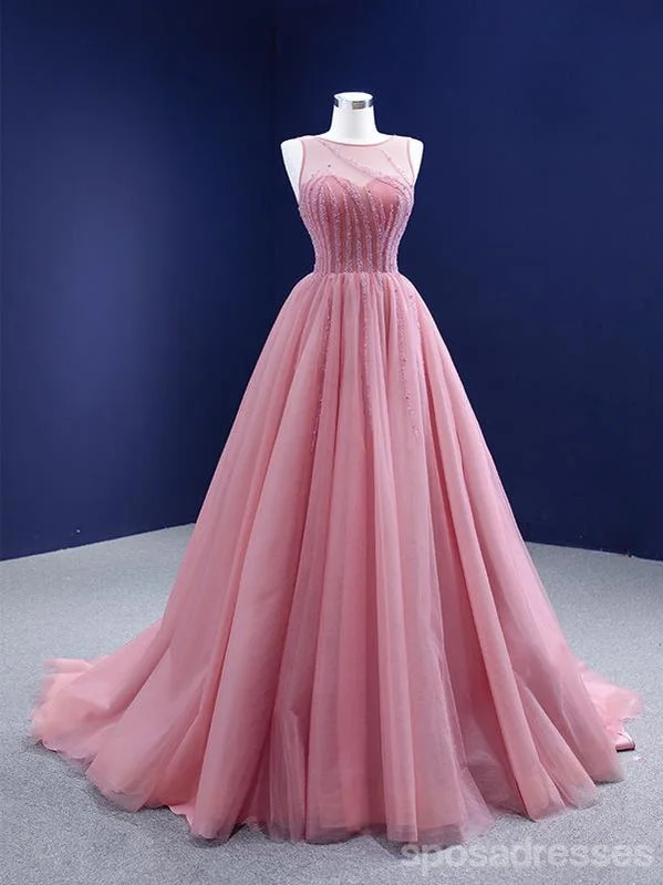 Evening dress for winter-Elegant Pink A-line Illusion Long Party Prom Dresses, Dance Dresses,12546