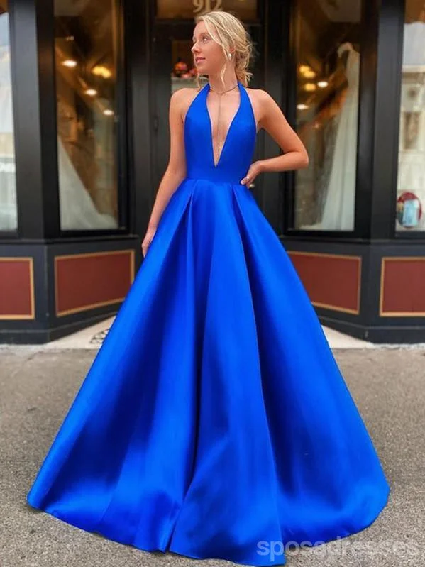 Evening dress with metallic thread-Sexy Blue A-line Halter V-neck Cheap Long Prom Dresses Online,12615