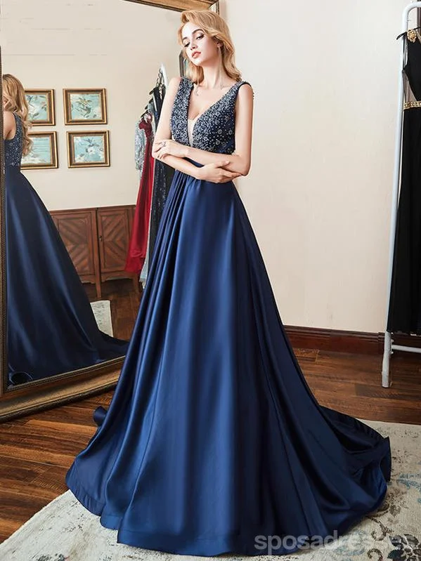 Sleeveless evening dress-Sexy Blue A-line Straps V-neck Backless Cheap Long Party Prom Dresses Online,12554