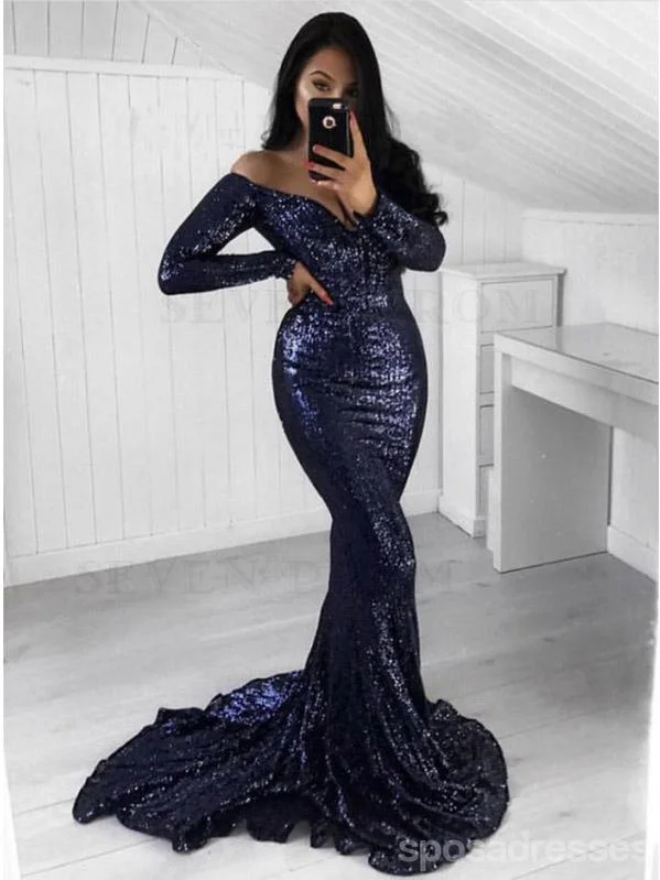 Evening dress with mermaid style-Sexy Blue Mermaid Long Sleeves Off Shoulder V-neck Cheap Prom Dresses Online,12616