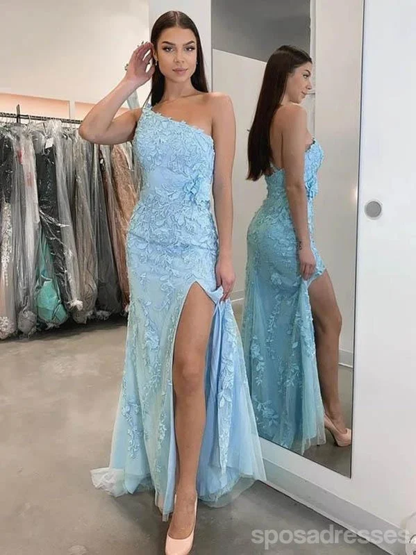 Evening dress with keyhole back-Sexy Blue Sheath One Shoulder High Slit Long Prom Dresses Online,12674