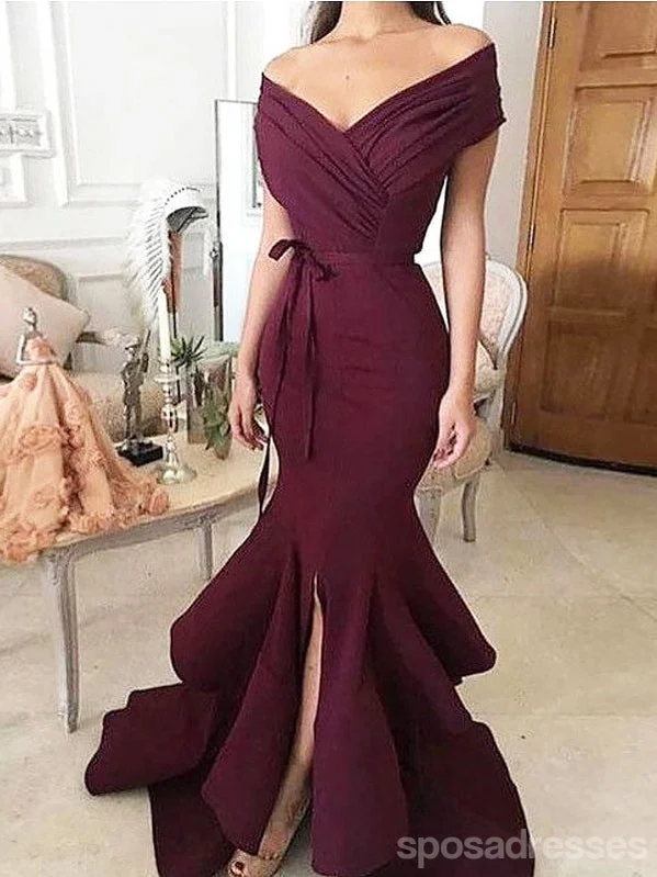 Evening dress with ruffles-Sexy Dark Red Mermaid Off Shoulder Side Slit Cheap Long Prom Dresses,12827