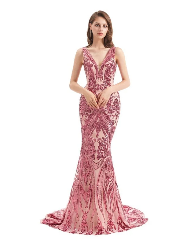 Ivory evening dress-Sexy Dusty Rose Mermaid Straps V-neck Long Prom Dresses Online,12780