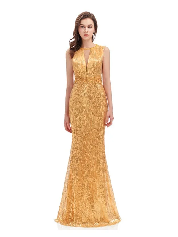 Bohemian evening dress-Sexy Gold Mermaid Sleeveless V-neck Backless Long Prom Dresses Online,12772