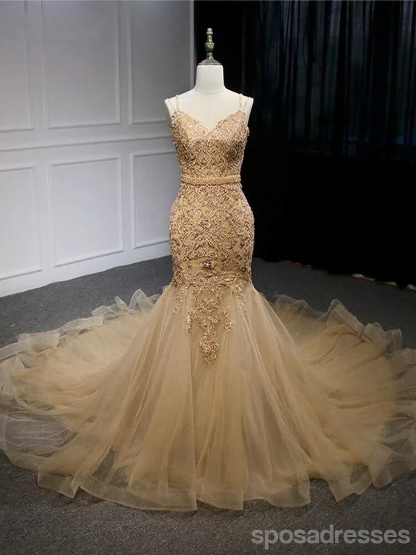 Evening dress with illusion skirt-Sexy Gold Mermaid Spaghetti Straps Backless Cheap Long Prom Dresses,12837