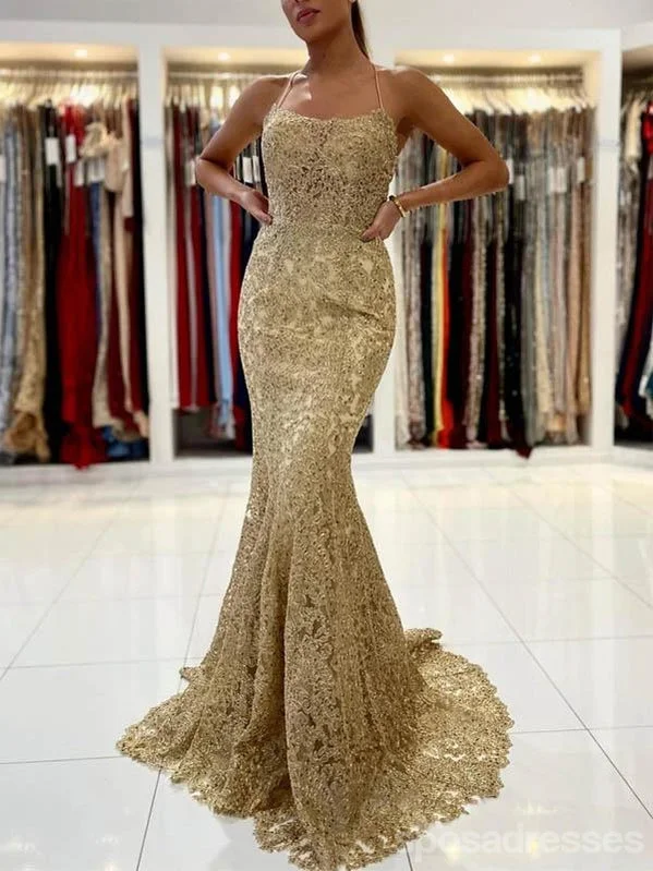 Evening dress with fitted bodice-Sexy Gold Mermaid Spaghetti Straps Backless Cheap Long Prom Dresses Online,12682