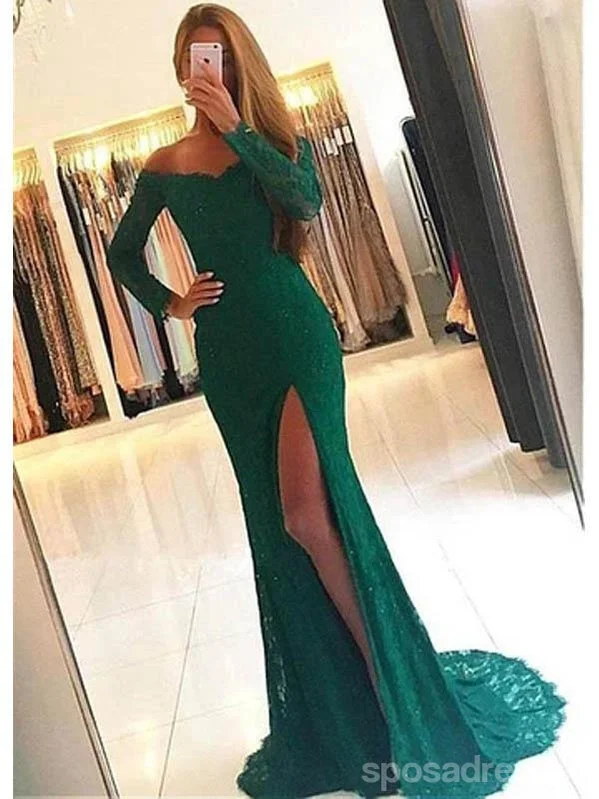 Evening dress with cape-Sexy Green Mermaid Long Sleeves High Slit Cheap Prom Dresses Online,12694