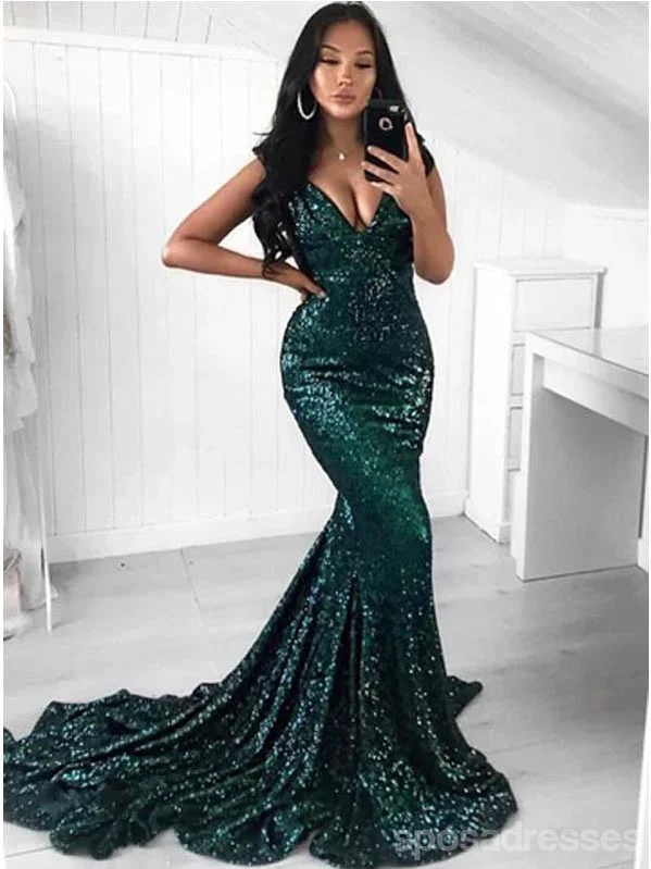 Sleeveless evening dress-Sexy Green Mermaid V-neck Spaghetti Straps Cheap Long Prom Dresses Online,12714