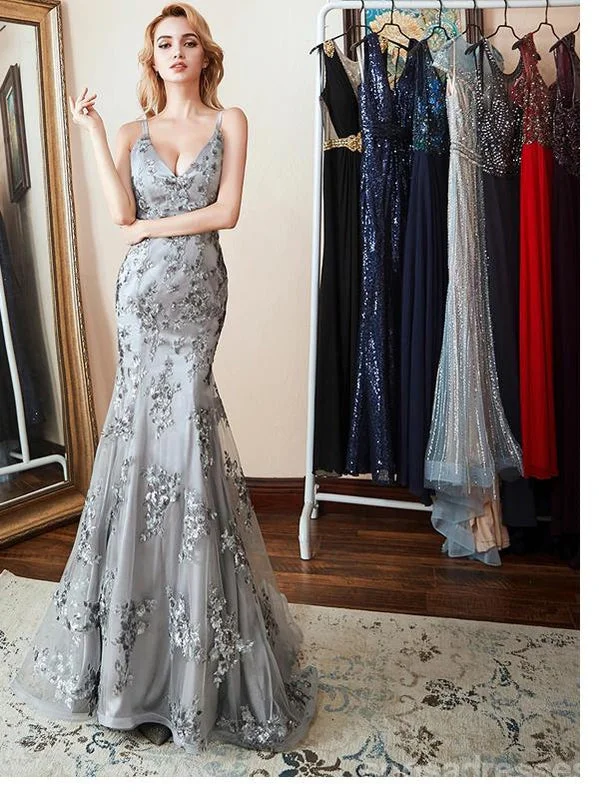 Plus size evening dress-Sexy Grey Mermaid Spaghetti Straps V-neck Backless Long Party Prom Dresses Online,12555