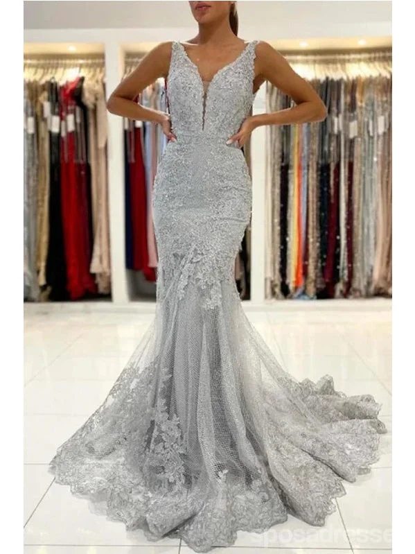 Evening dress with high neckline-Sexy Grey Mermaid Straps V-neck Cheap Long Prom Dresses Online,12836