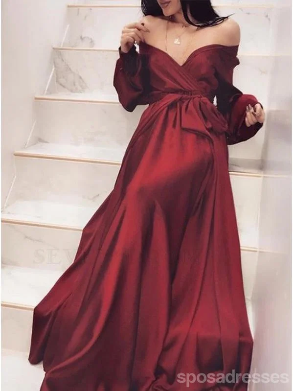 Bohemian evening dress-Sexy Burgundy A-line Off Shoulder Long Sleeves Prom Dresses Online,12586