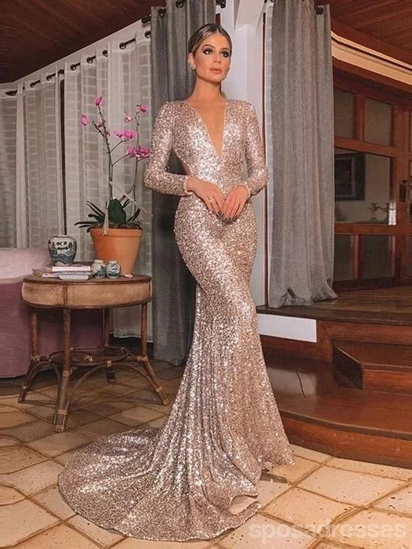 Champagne evening dress-Sexy Mermaid Champagne Long Sleeves V-neck Cheap Prom Dresses Online,12585