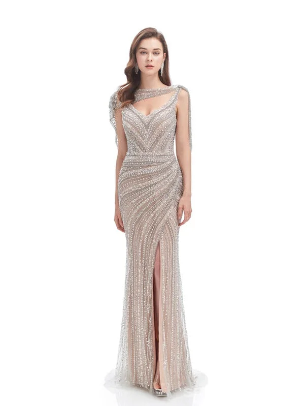 Formal evening dress-Sexy Mermaid Champagne V-neck High Slit Long Prom Dresses Online,12782