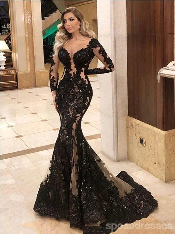 Evening dress with beaded bodice-Sexy Mermaid Long Sleeves Black V-neck Long Party Prom Dresses, Cheap Dance Dresses,12543