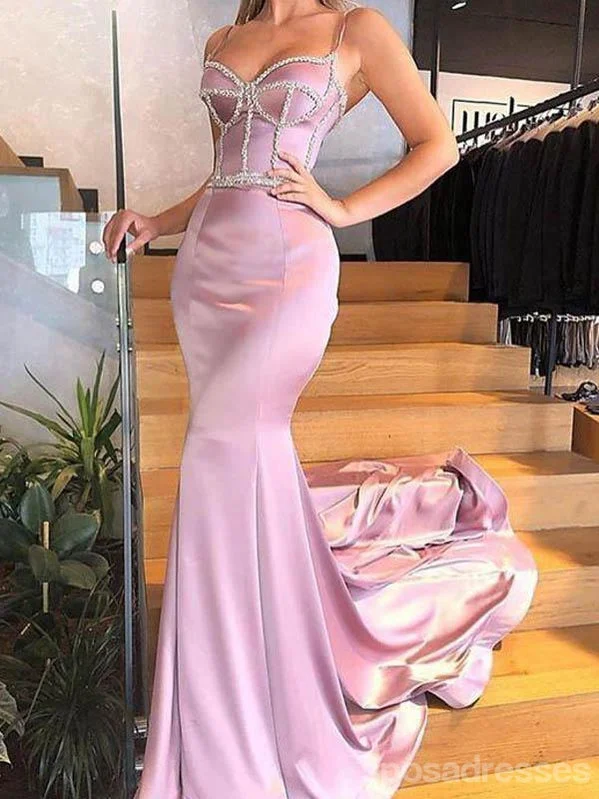 Evening dress with illusion back-Sexy Mermaid Pink Spaghetti Straps V-neck Cheap Long Prom Dresses Online,12676