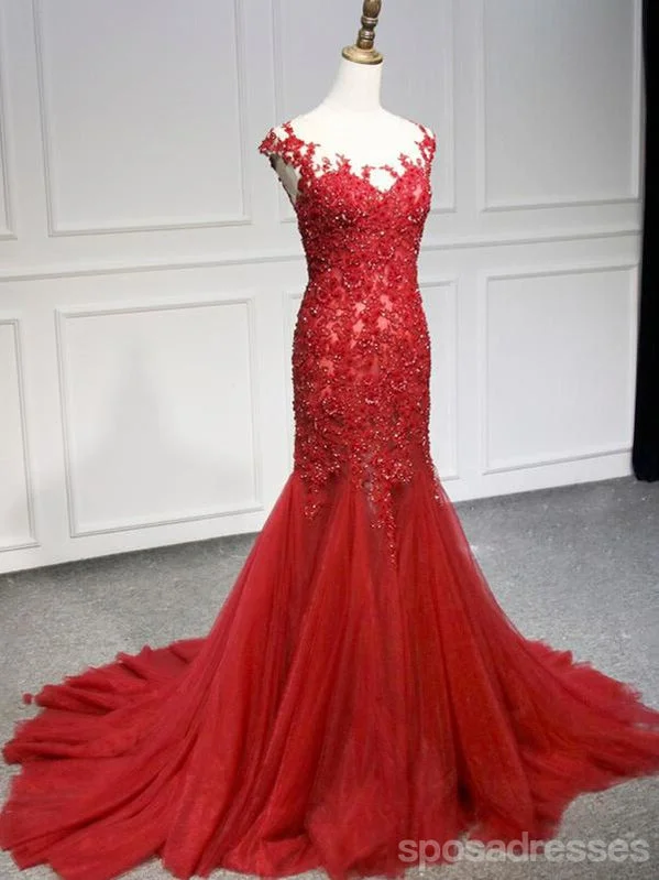 Evening dress with ruching-Sexy Mermaid Red Cap Sleeves Long Prom Dresses Online, Dance Dresses,12569