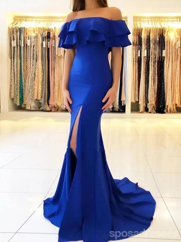 Evening dress with sheer sleeves-Sexy Mermaid Royal Blue Off Shoulder High Slit Long Prom Dresses Online,12603