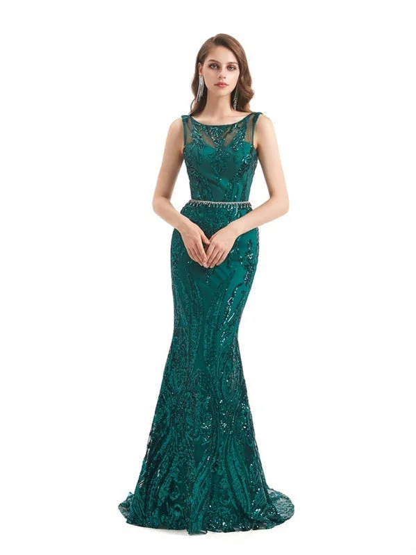 Pink evening dress-Sexy Mermaid Sleeveless Green Jewel Backless Long Prom Dresses Online,12777