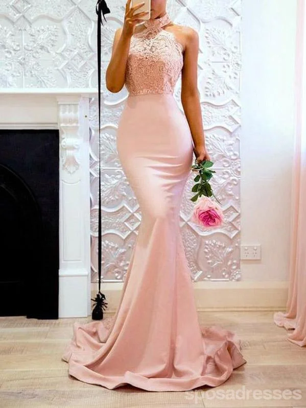 Evening dress with A-line-Sexy Pink Mermaid Halter Sleeveless Cheap Long Prom Dresses Online,12638