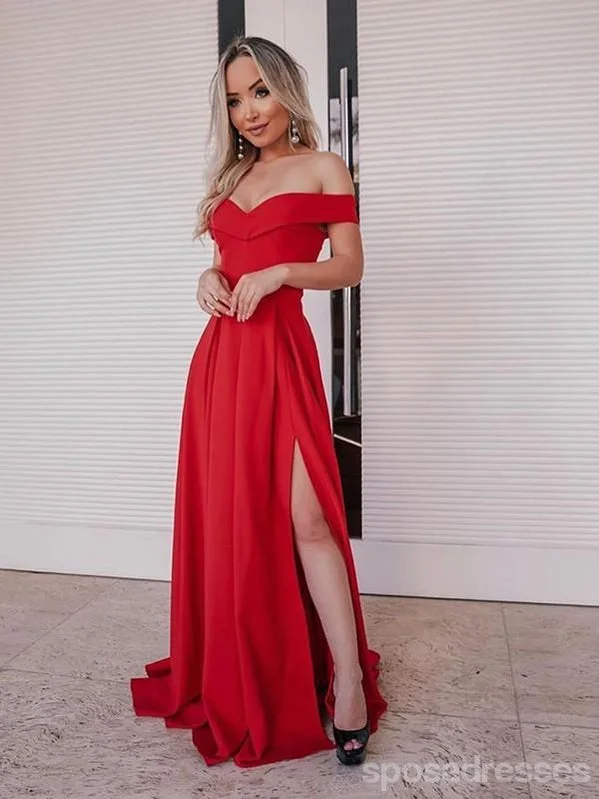 Evening dress with off-shoulder-Sexy Red A-line Off Shoulder Side Slit Cheap Long Prom Dresses Online,12614