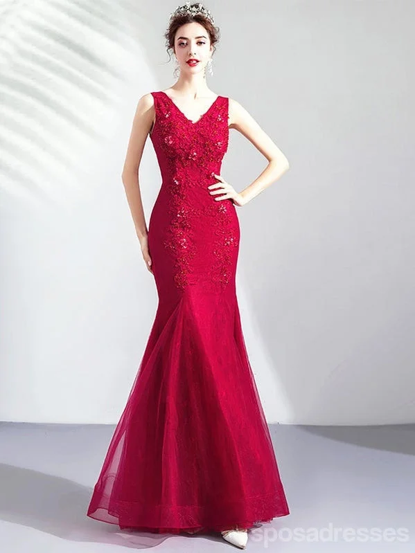 Evening dress with glitter-Sexy Red Mermaid V-neck Lace Applique Long Prom Dresses Online,12754