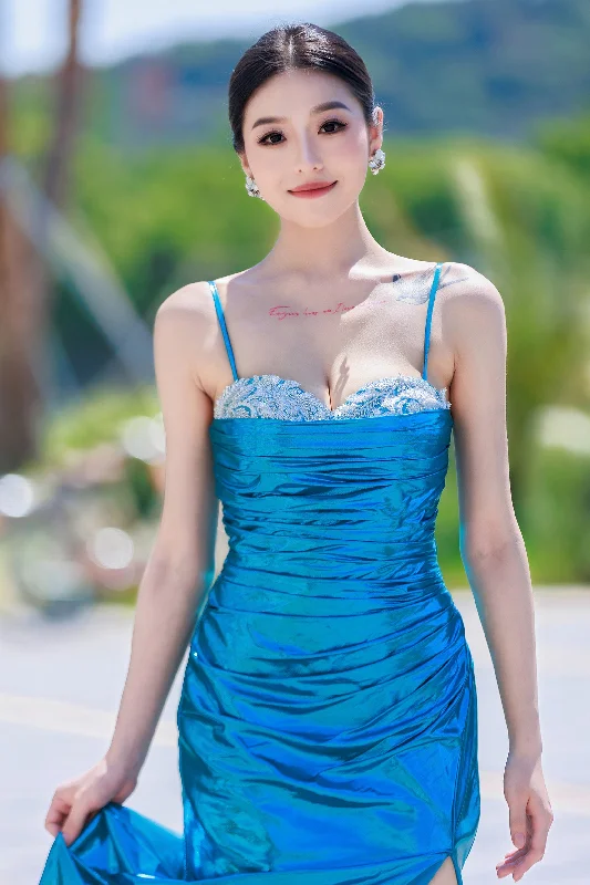 Evening dress with illusion skirt-Sheath-Column Floor Length Hot Stamping Cloth Prom Dress CS0502