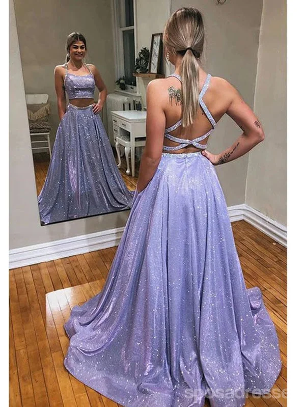 Evening dress with lace applique-Shiny Purple A-line Two Pieces Backless Cheap Long Prom Dresses,12834