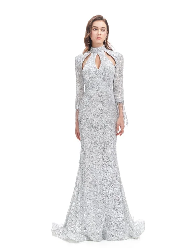 Evening dress for weddings-Silver Mermaid 3/4 Sleeves Cheap Prom Dresses Online,Evening Party Dresses,12769