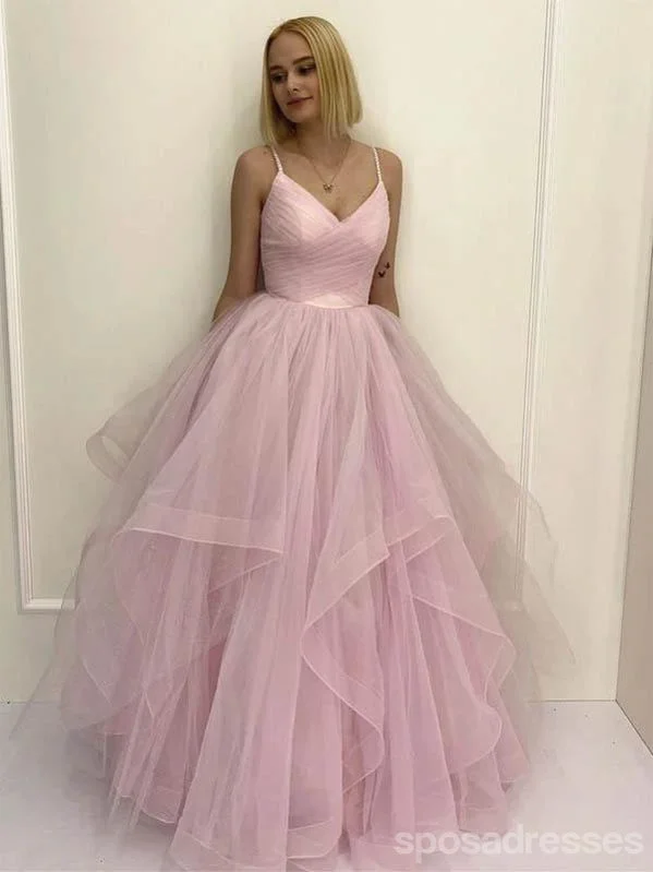 Evening dress with fringe-Simple A-line Pink Spaghetti Straps V-neck Cheap Long Prom Dresses Online,12680