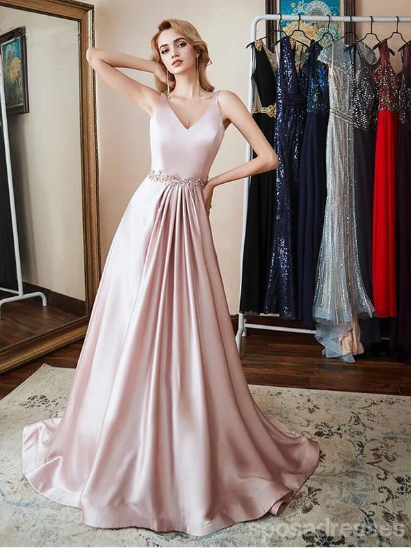 Ivory evening dress-Simple A-line Pink Straps V-neck Long Party Prom Dresses Online,Dance Dresses,12557