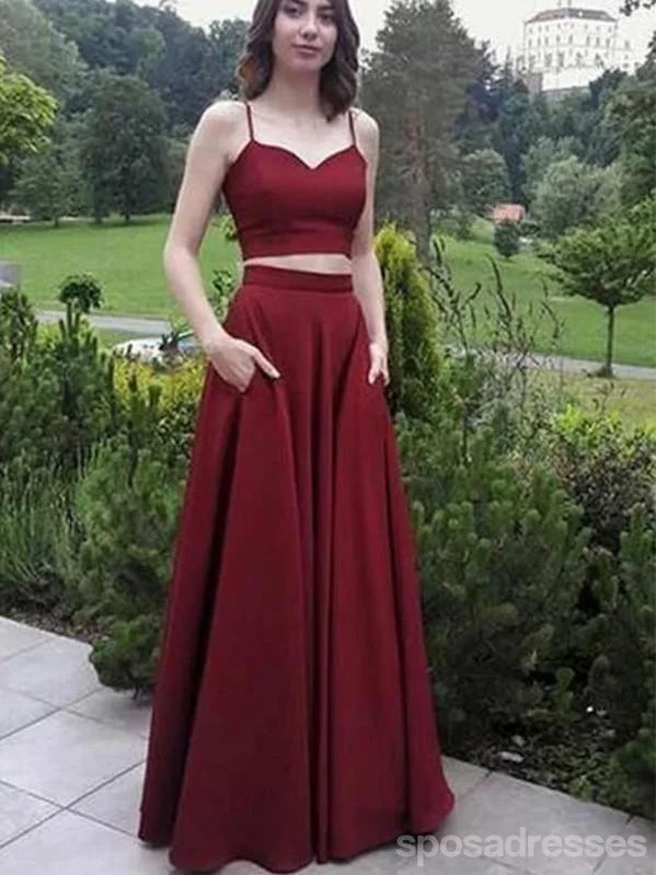 Evening dress with lace applique-Simple A-line Two Pieces Burgundy Spaghetti Straps Long Prom Dresses Online,12617